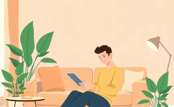 A person sitting with a tablet, thoughtfully managing MP2 withdrawals in a serene living room.