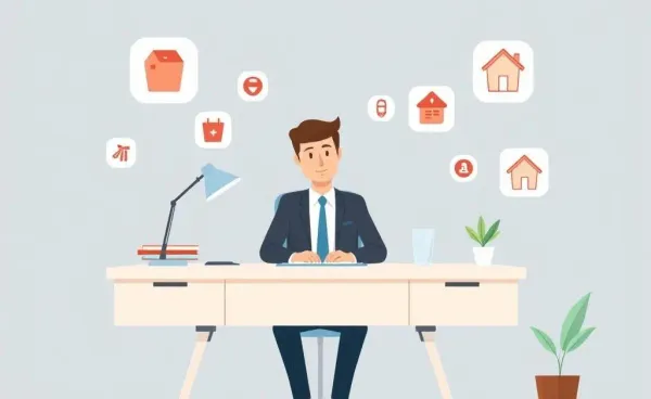 A professional at a desk with multiple insurance product icons.