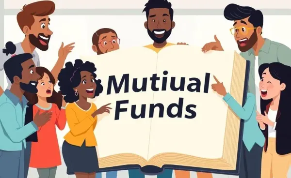 Cartoon of diverse group discussing mutual funds with an open book