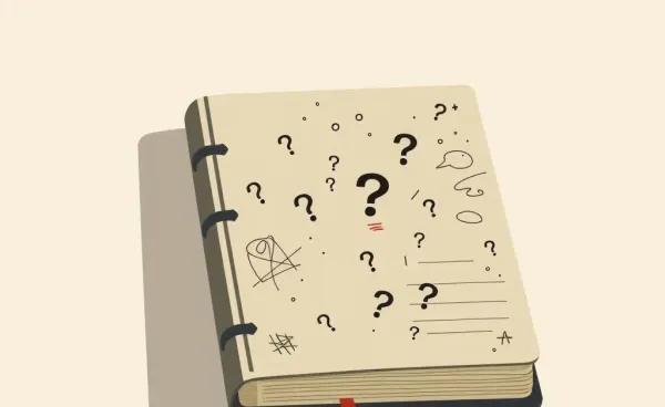 A mysterious journal filled with scribbles and question marks