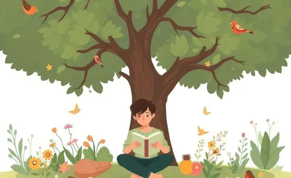 Cartoon illustration of a person journaling in nature