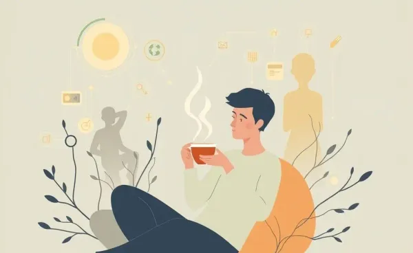 A calm person with a cup of tea surrounded by abstract technology