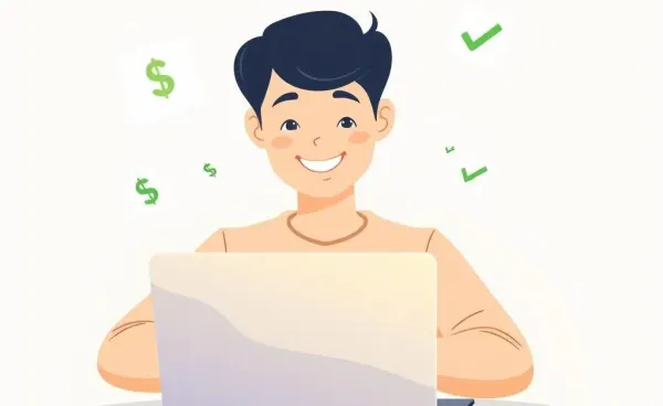 Person engaged with online banking with financial symbols around