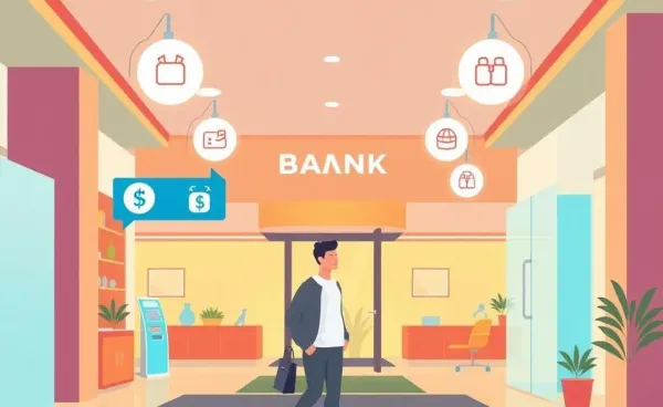 Illustration of person navigating a bank with helpful icons