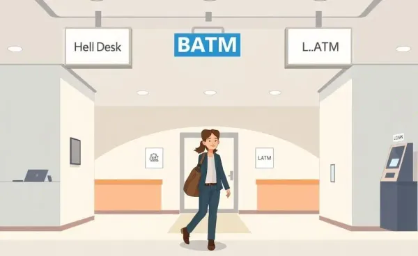 A person navigating a bank confidently with help desk and ATM signs.