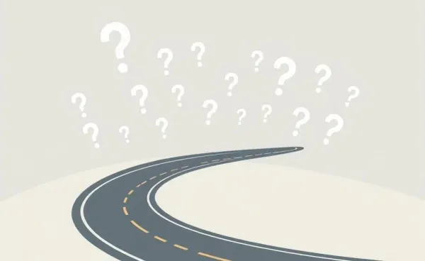 Illustration of a winding road with question marks symbolizing decision making