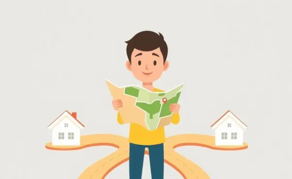 A person holding a map at an intersection of house-shaped paths.