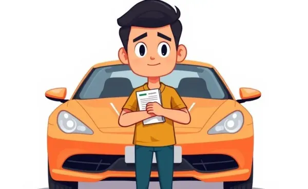 A person standing in front of a car with financial documents.