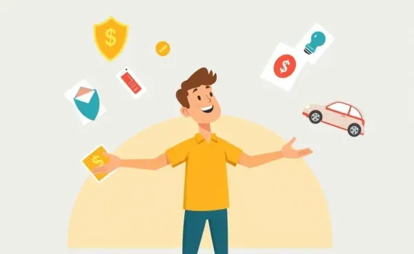 A cartoon of a person juggling different car insurance options