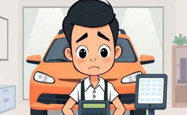 Person looking at a car and a calculator with a confused expression.
