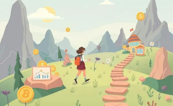 Illustration of a whimsical financial landscape with case studies as stepping stones
