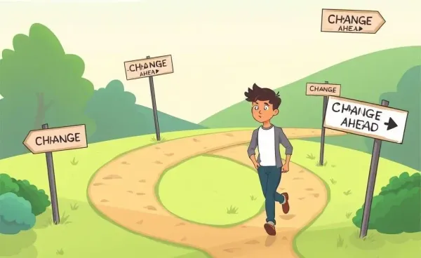 Person confidently walking down a path with signs pointing to 'Change Ahead'.