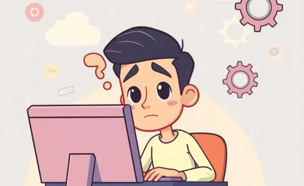 A person at a computer with digital symbols and gears around them, indicating system changes