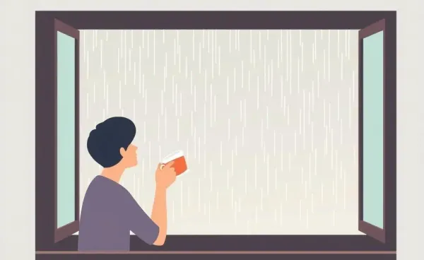 Person enjoying tea at a window during rain