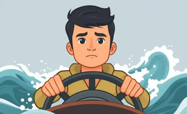 A person peacefully navigating a stormy sea.