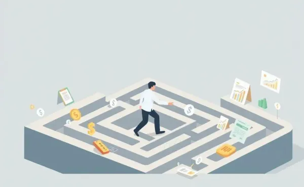 Illustration of a person navigating financial symbols in a maze