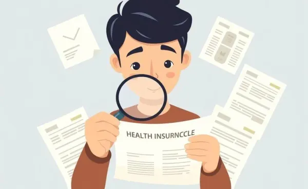Person examining health insurance plan with documents around