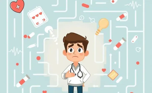 A person trying to navigate a maze of health insurance symbols