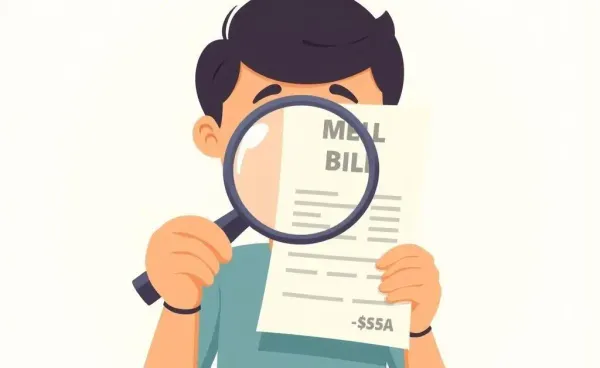 Person examining a medical bill with a magnifying glass