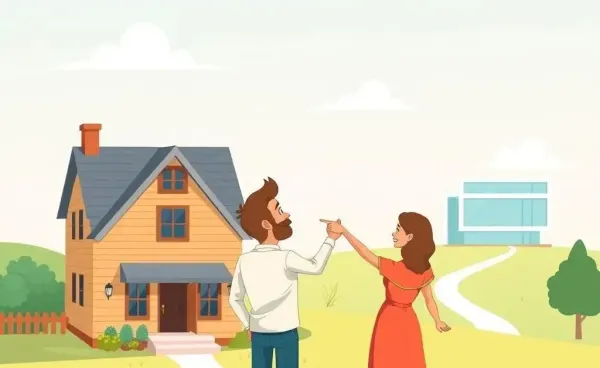 A couple looking at their old house and pointing towards a new home