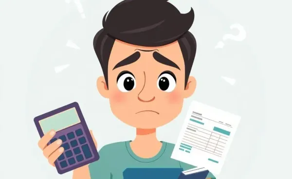 Person overwhelmed by hospital bills with a calculator