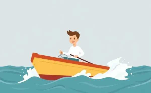 A person on a boat navigating choppy waters with an insurance claim in hand.