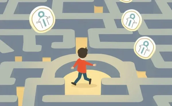 A person navigating a maze with various insurance icons floating around