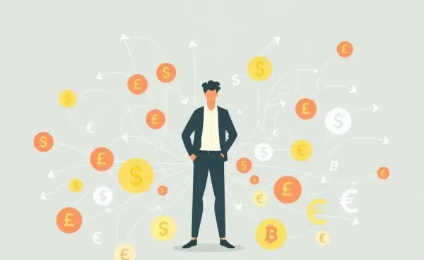 A person navigating international bank transfers represented by currency symbols.