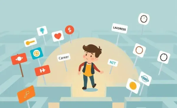 A person navigating through a labyrinth with career signs