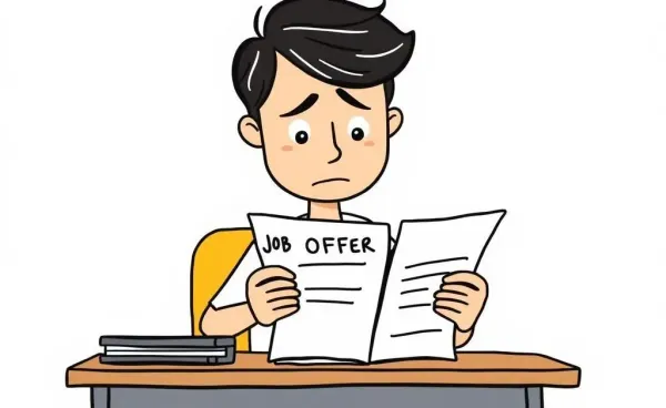 Person examining a job offer letter at a desk with a concerned expression
