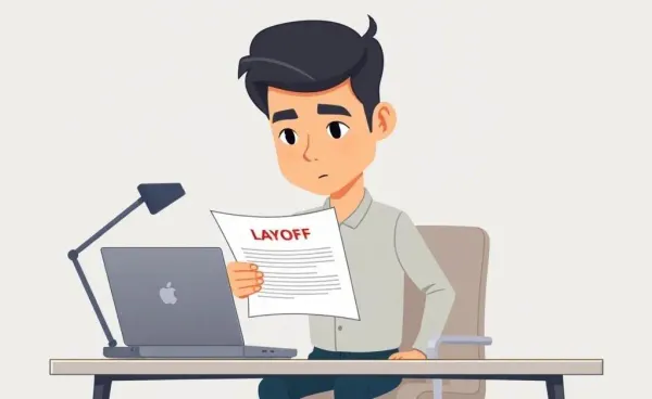 Person reading a layoff letter at a desk with a determined expression