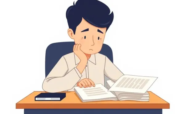 A cartoon depiction of a person analyzing legal paperwork thoughtfully.