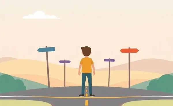 A person at a crossroads with multiple paths representing life's choices