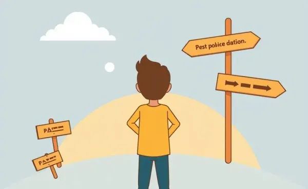 A person at a crossroads contemplating different paths with symbolic signs.