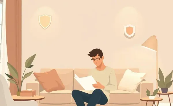 Cozy living room with documents and insurance imagery
