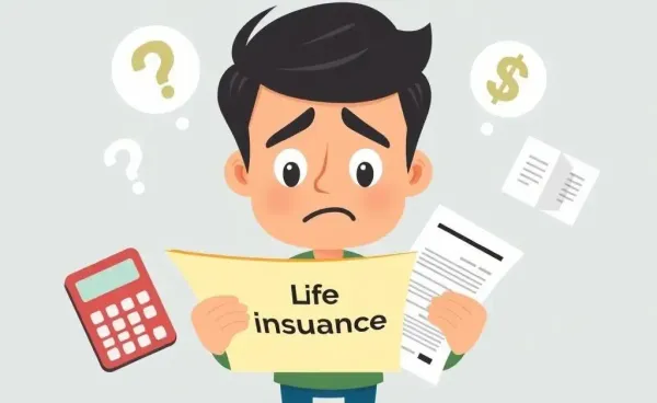 Confused person holding life insurance papers with financial icons around