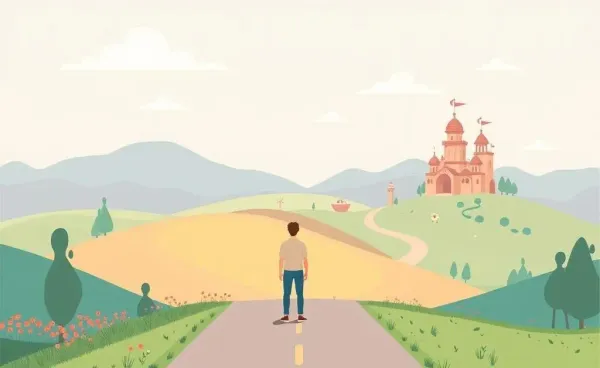 A whimsical scene of a person at a crossroads considering different paths