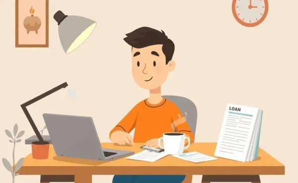 Illustration of a person at a desk with loan documents and a laptop