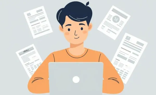 A person using a laptop, surrounded by medical bills and financial documents.