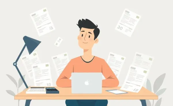 Person thoughtfully managing medical debt at a desk with bills and calculator