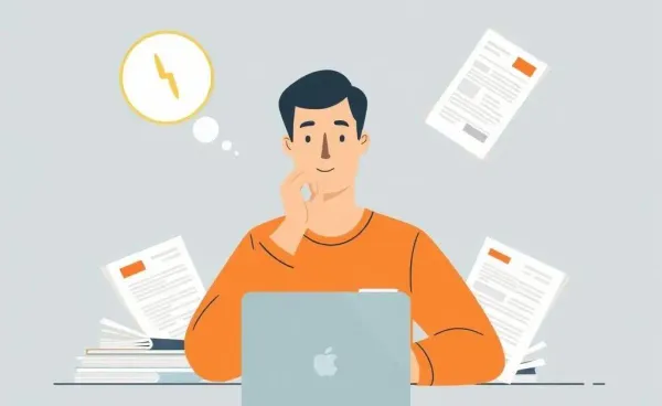 Person sitting at a table with medical bills and a laptop, looking thoughtful