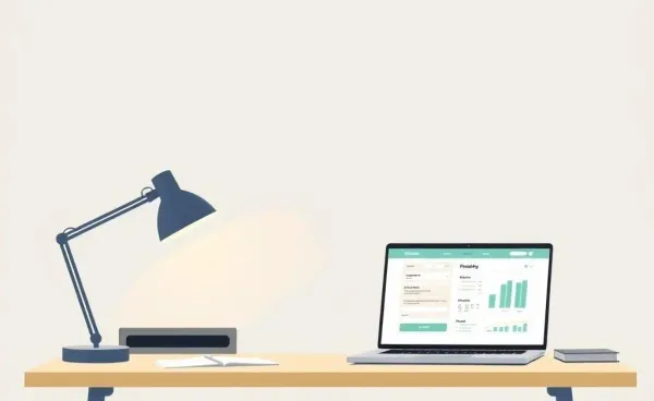 A clean, minimalist desk with a laptop displaying a budgeting application