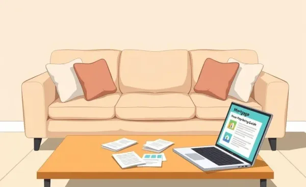 A cozy living room with mortgage papers scattered on a coffee table.