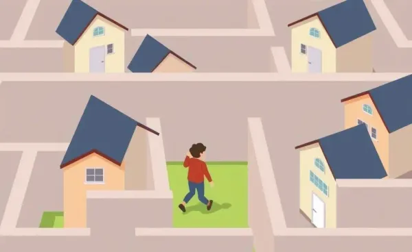 Cartoon image of a person navigating a house-themed maze
