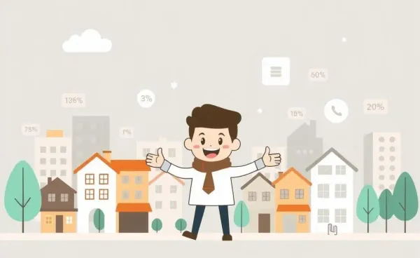 Friendly navigator guiding through a cityscape of houses with percentage symbols