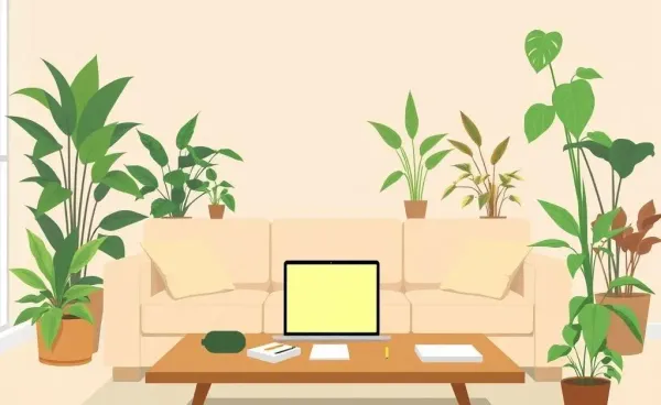 A relaxing living room setup with a laptop, papers, and houseplants.