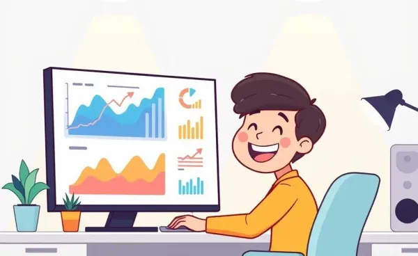 Cartoon image of a person working on a computer with charts and graphs