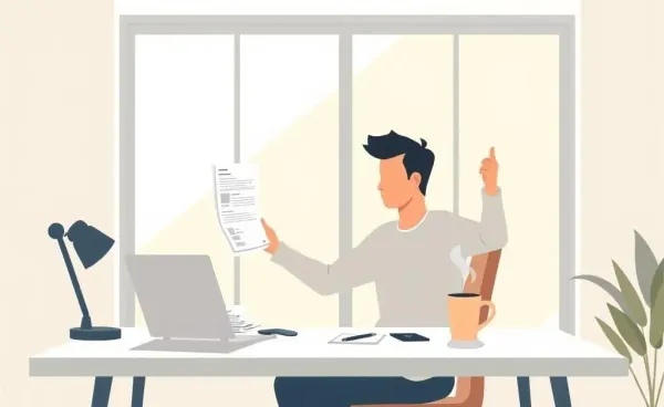 Person managing personal finances at a desk with bills, laptop, and coffee