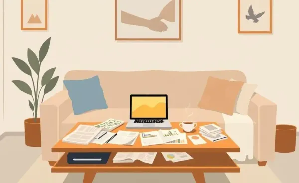 Living room with financial papers and a laptop