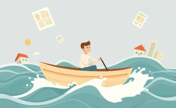 Person navigating financial waters with real estate elements